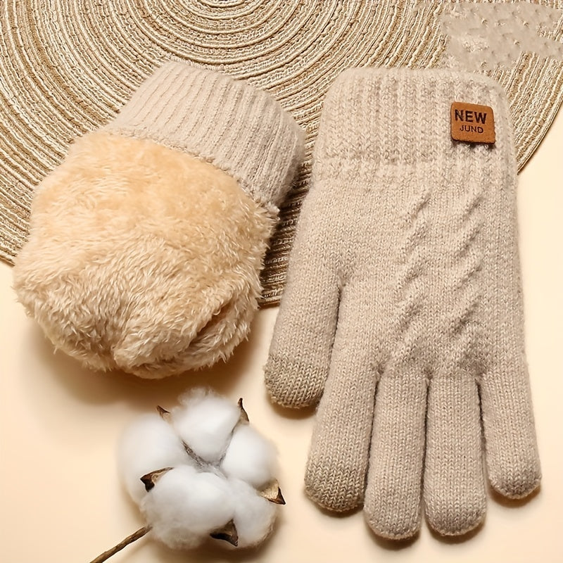 Double Layer Knitted Gloves with Velvet Lining Warm Touch Screen Short Winter Gloves Solid Color Elastic