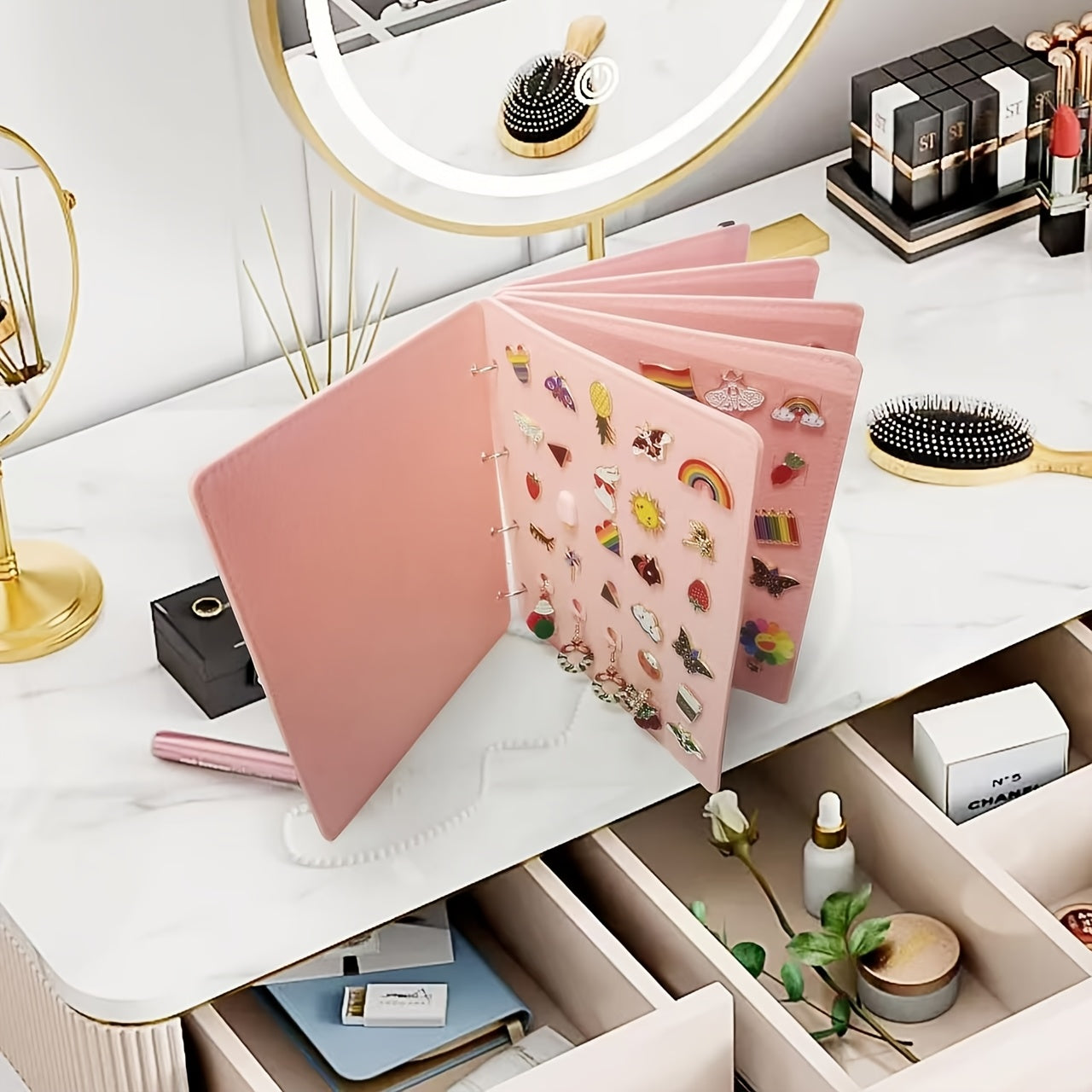 Pink Felt Jewelry Organizer for Earrings and Necklaces with Detachable Ring