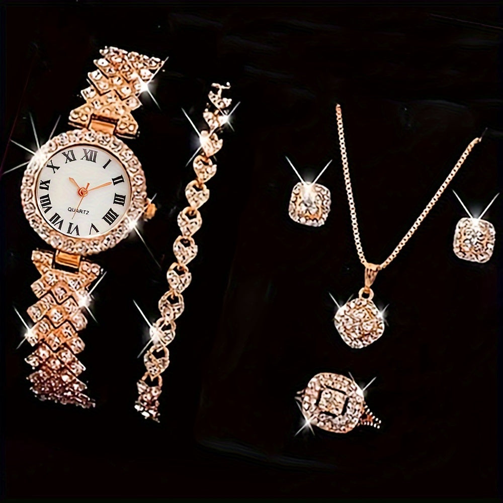 Women's Gold Watch Set with Round Dial and Matching Accessories