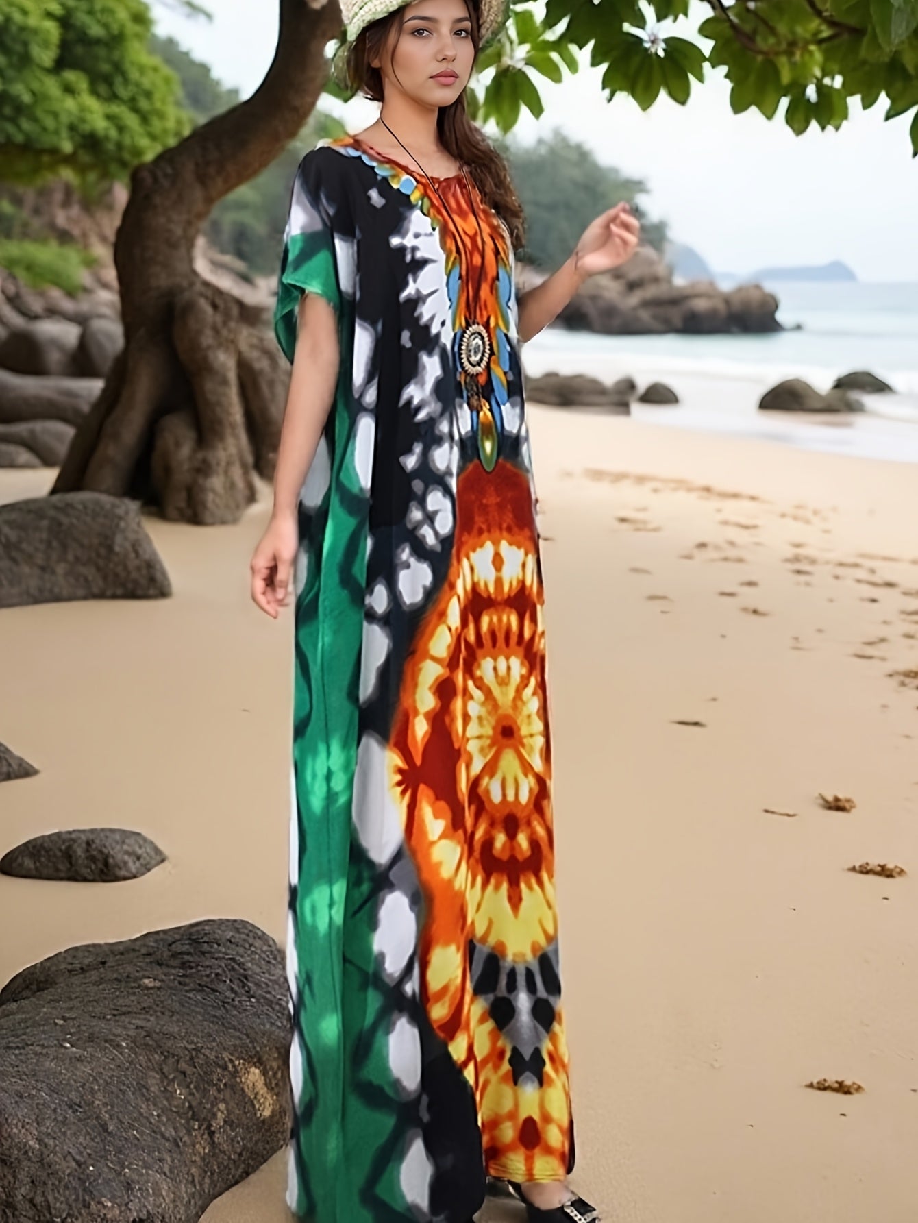 Plus Size Bohemian Printed Maxi Dress Beach Cover-Up Loose Fit Over Bikini