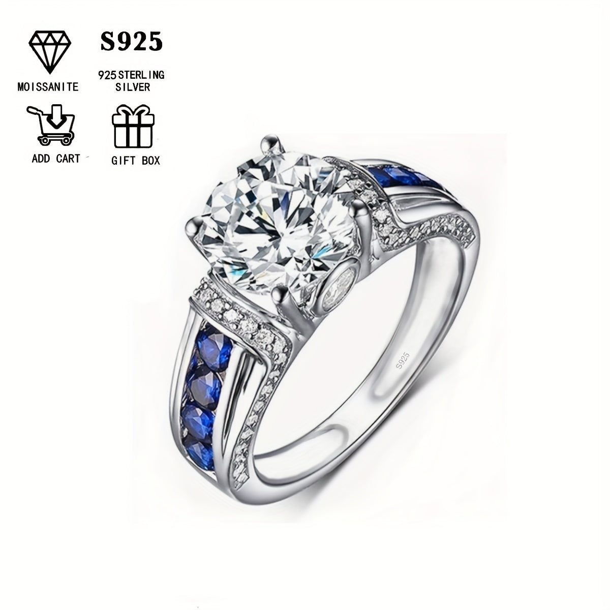 Sterling Silver 2ct Moissanite uzuk bilan ko‘k yon tomonlar bilan boho uslubida