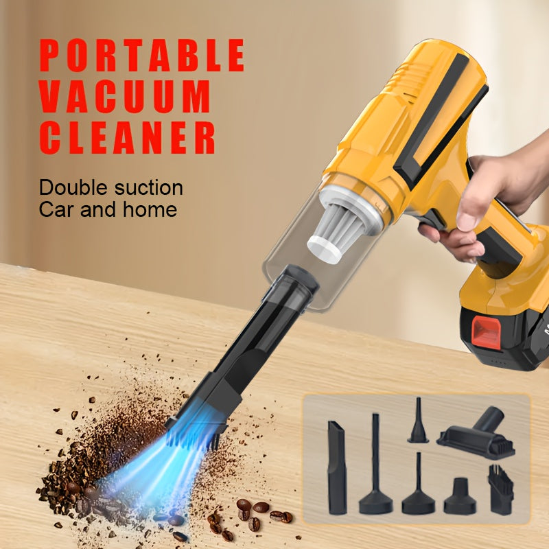 Мощный беспроводной пылесос с несколькими насадками для очистки салонов автомобилей, дома и офиса. Перезаряжаемый через USB, портативный и тихий в работе с длительным временем работы аккумулятора.