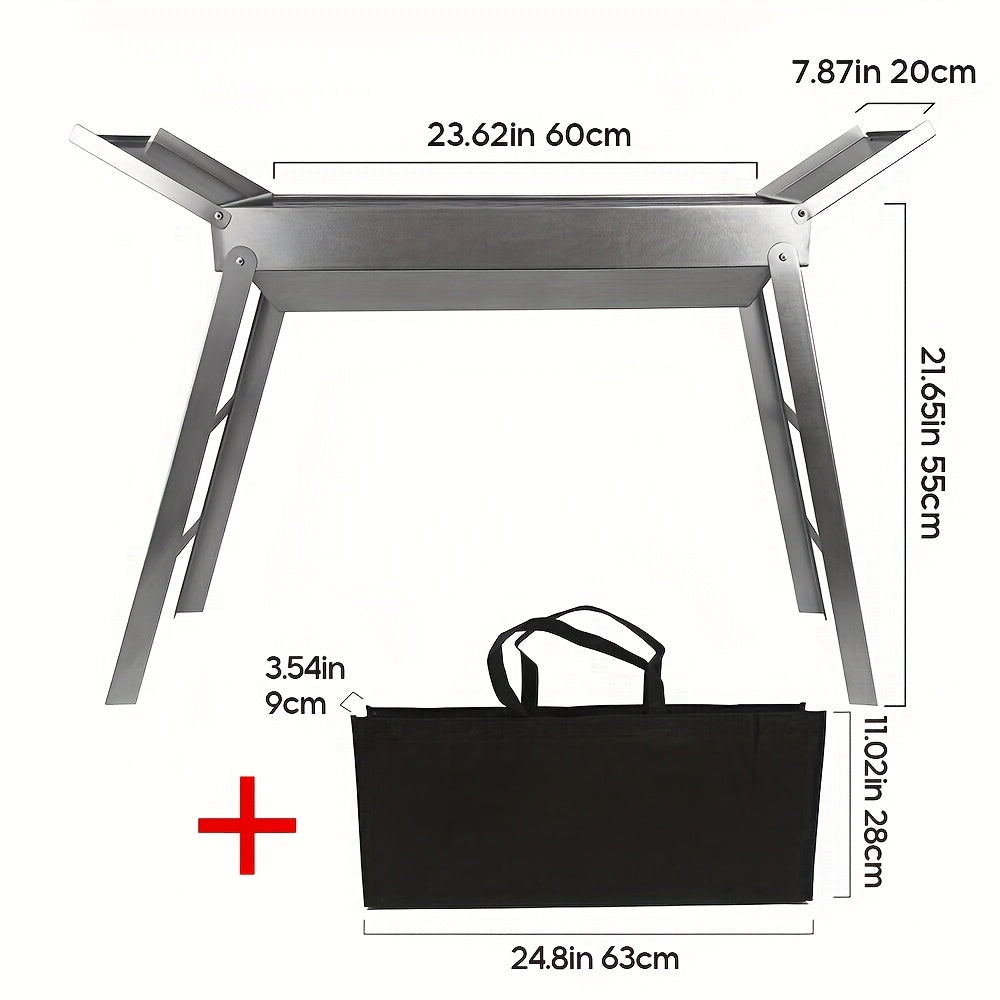 Stainless steeldan tayyorlangan portativ bukadigan barbekü grill, 23.62 dyuymli grill va ikki eshikli ziravorlar uchun idish. Qora saqlash sumkasi bilan ta'minlangan, ochiq havoda barbekü uchun 2-3 kishi uchun mos.