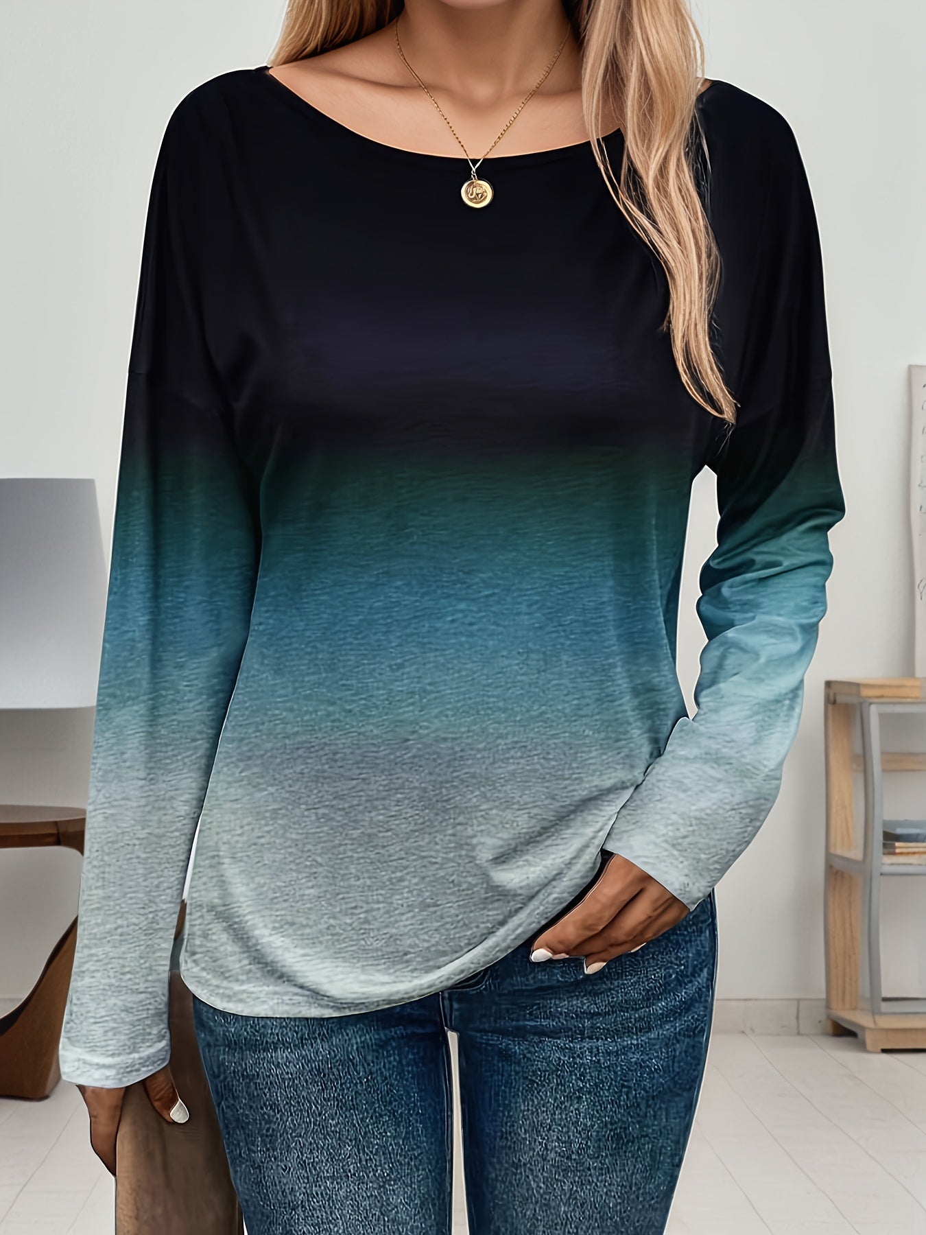 Women's Plus Size Ombre Long Sleeve T-Shirts Casual Drop Shoulder Comfort