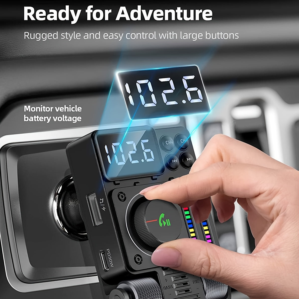 Wireless FM Transmitter for Car, Adjustable Treble and Bass, 30W Fast Charging