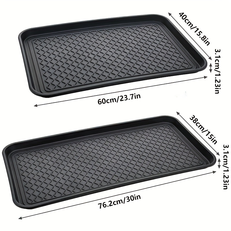 1 dona suv o'tkazmaydigan to'rtburchak shaklidagi qora plastik idish, yomg'irli mavsumda poyabzallar uchun ko'tarilgan chetlar bilan, pollarni ifloslik va suv dog'laridan himoya qilish uchun.