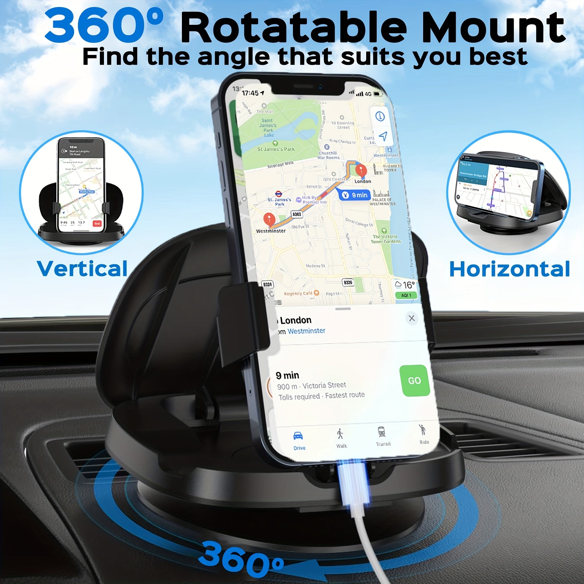 Universal Car Phone Mount Rotating 360°, Adjustable Holder for iPhone and Android