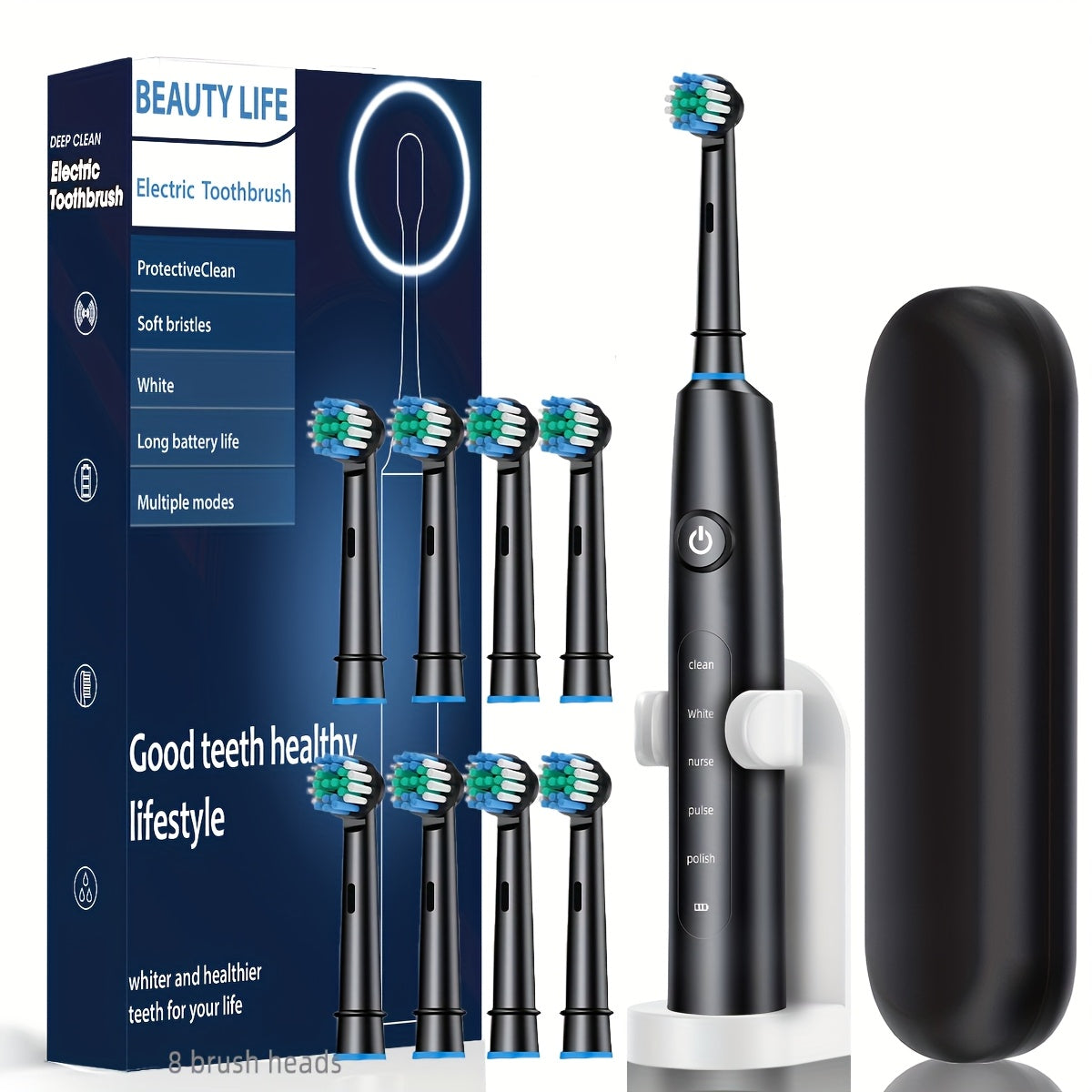 Adult Electric Toothbrush Set with 8 Replaceable Heads Travel Case USB Rechargeable