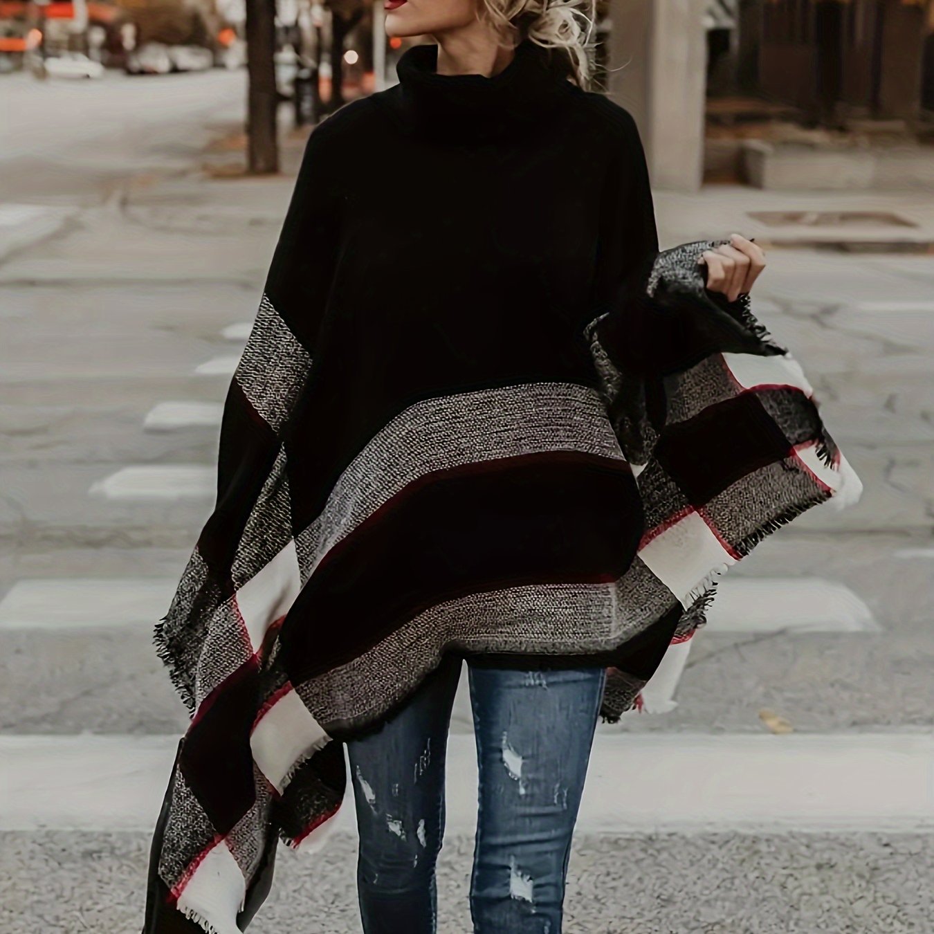 Plus Size Women's Acrylic Plaid Oversized Batwing Sweater Coat Autumn Winter Casual Layering