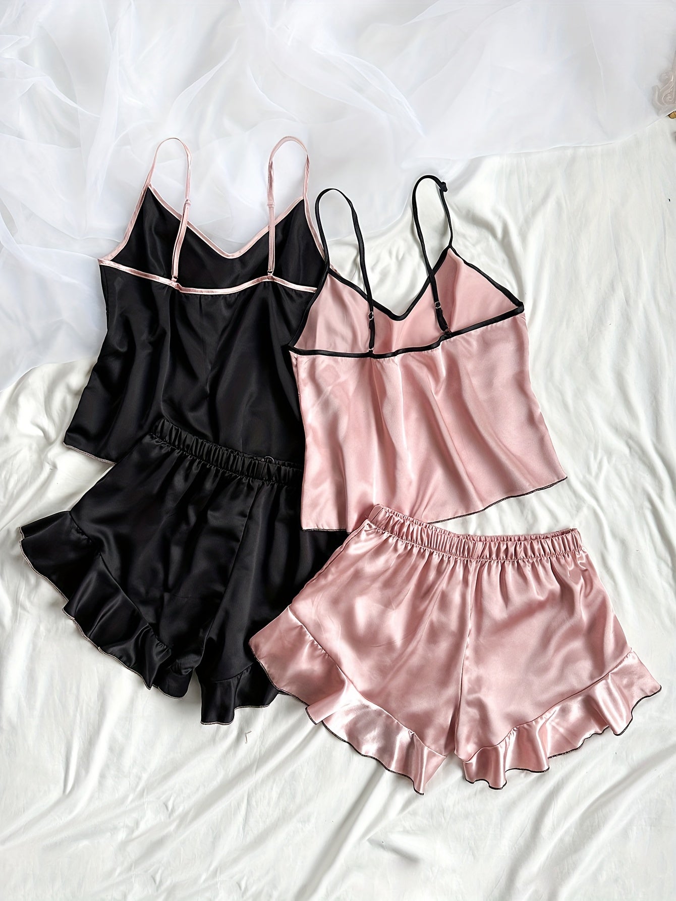 Women's Solid Color Pajama Set with Bow Suspender Shorts for All Seasons