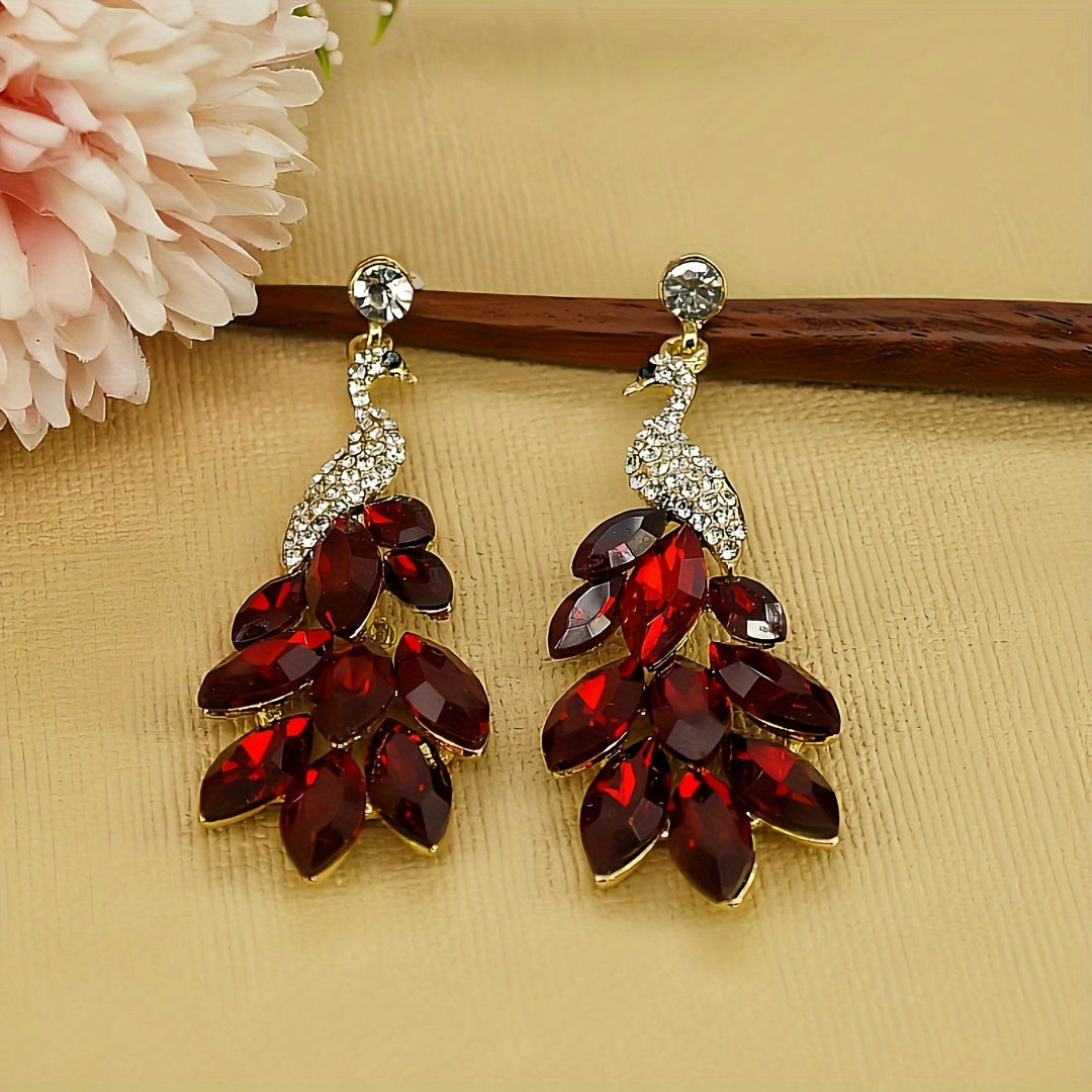 Peacock Crystal Drop Earrings Gold Plated Alloy Rhinestones Silver Studs Green Red Women