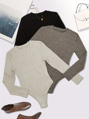 Women's Plus Size Ribbed Long Sleeve Bodysuit 3 Pack Solid Black White Navy