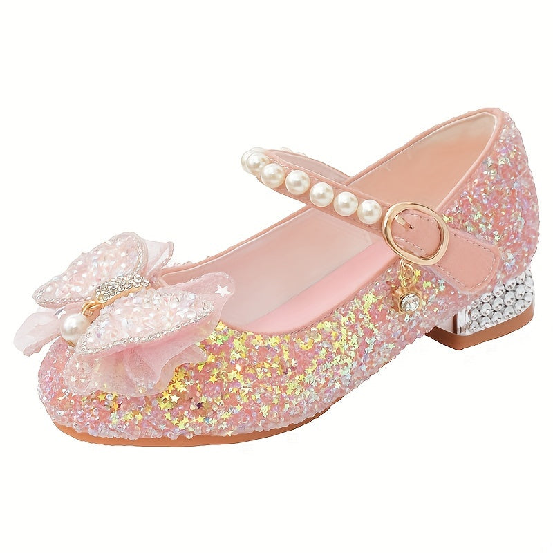 Girls High Heel Shoes with Bowknot and Pearl Embellishments for Parties and Events