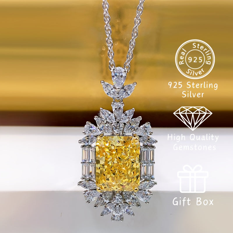 Sterling Silver Pendant Necklace with Yellow Synthetic Gemstone and Cubic Zirconia