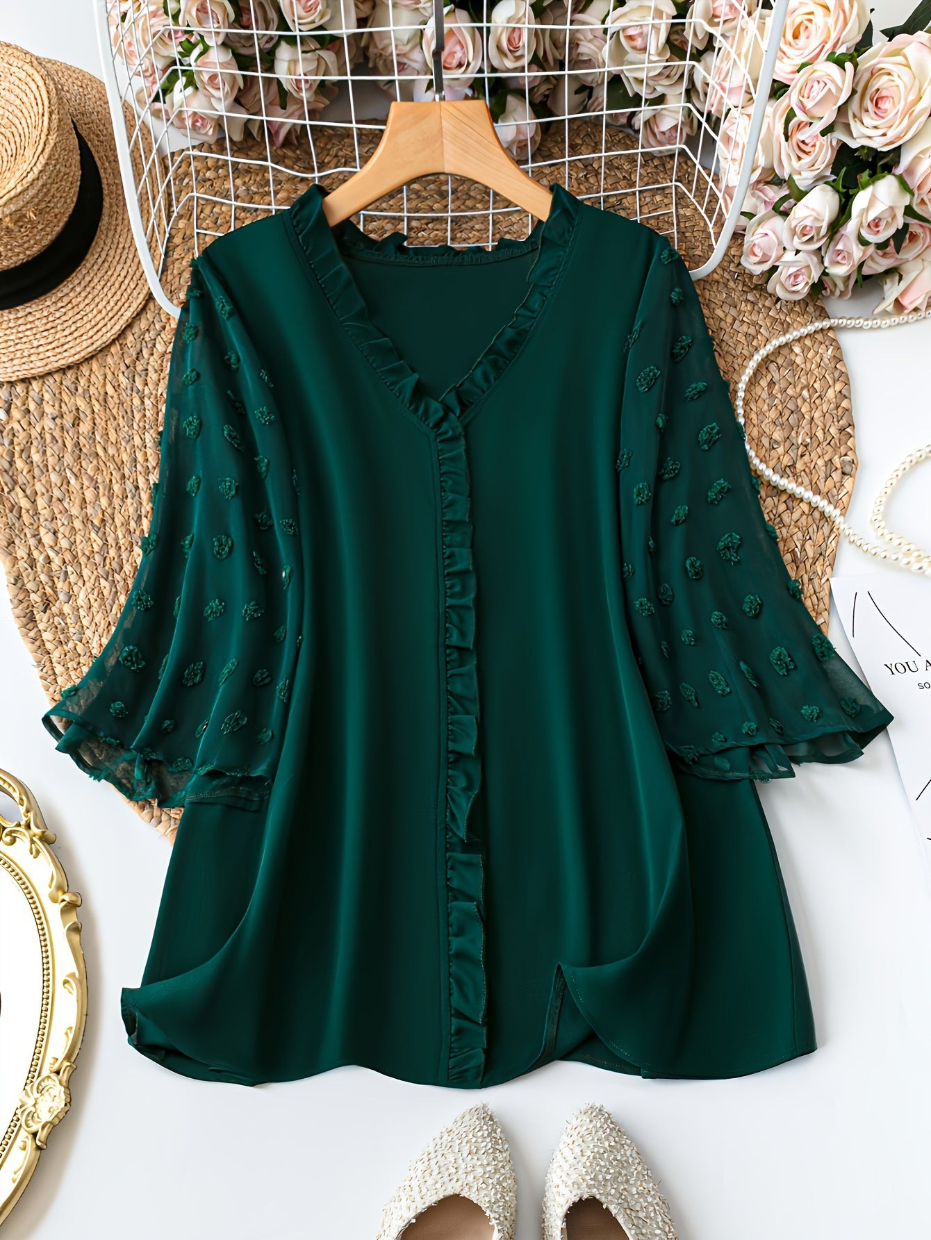 Plus Size V-Neck Blouse for Women Solid Color Contrast Mesh Woven Fabric Spring Fall