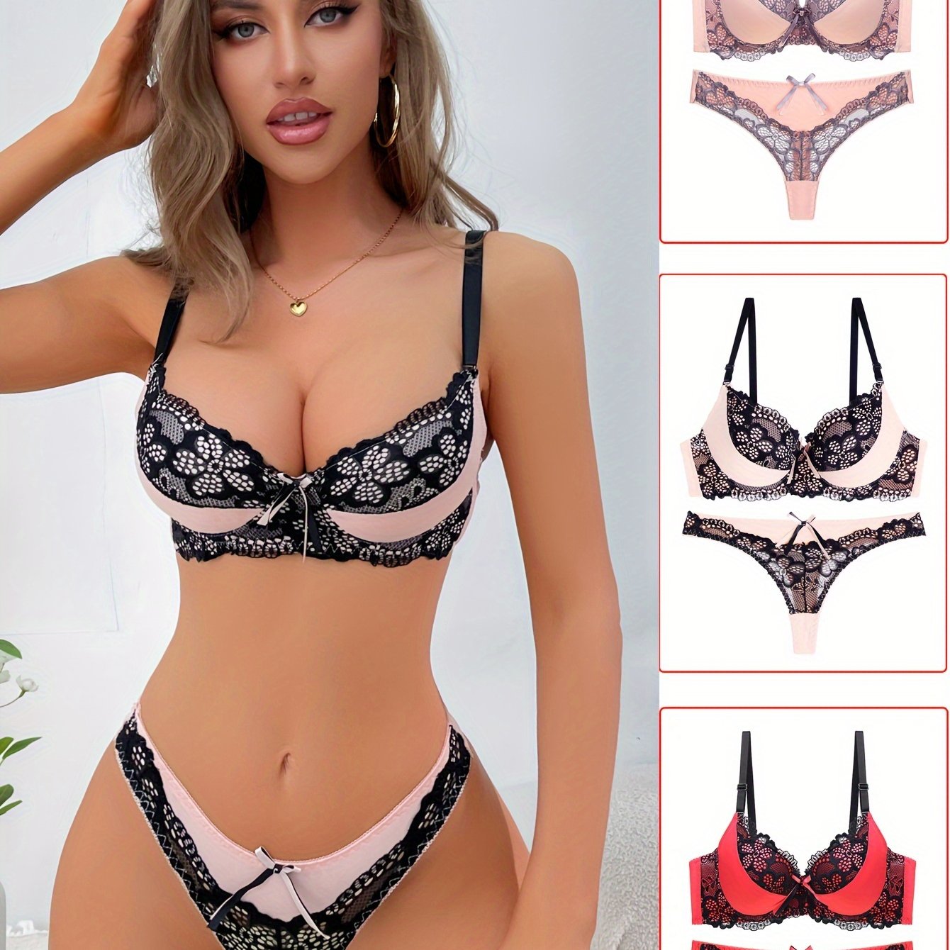 Women's Colorblock Lace Bra and Thong Set Contrast Push Up Underwear