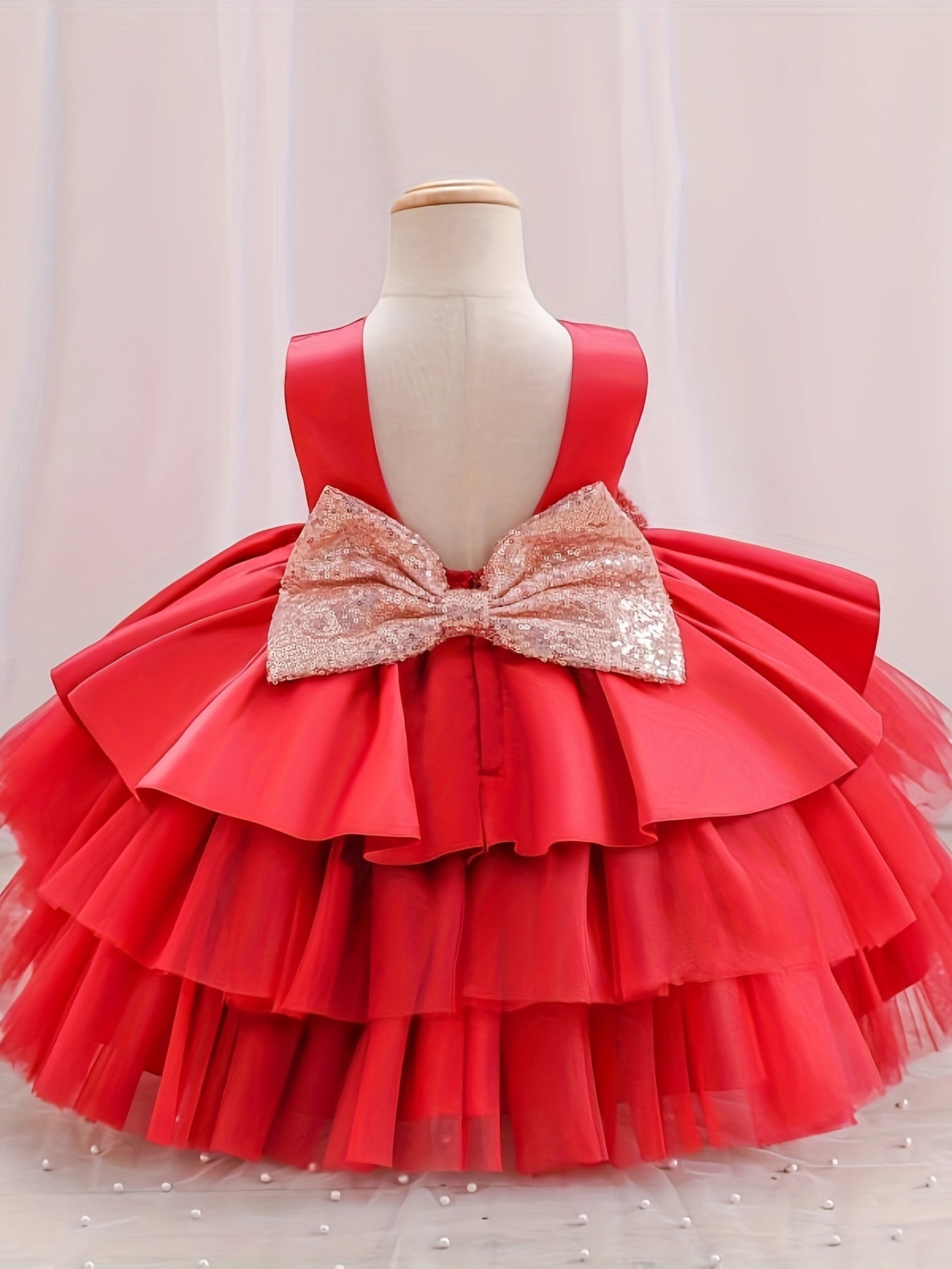 Girls Sleeveless Princess Dress with Bow and Cut-Out Back for Parties and Performances