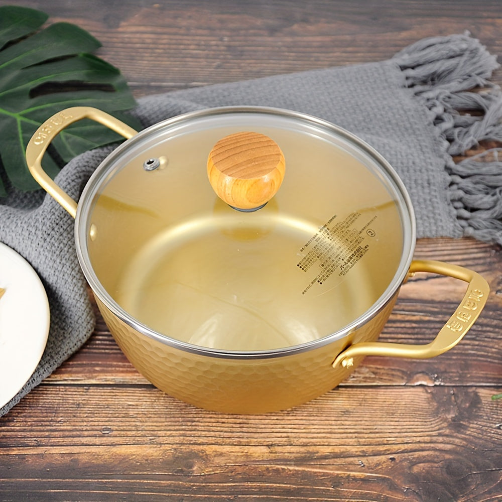 Olla de aluminio para ramen con tapa de vidrio compatible con inducción para sopas y fideos instantáneos