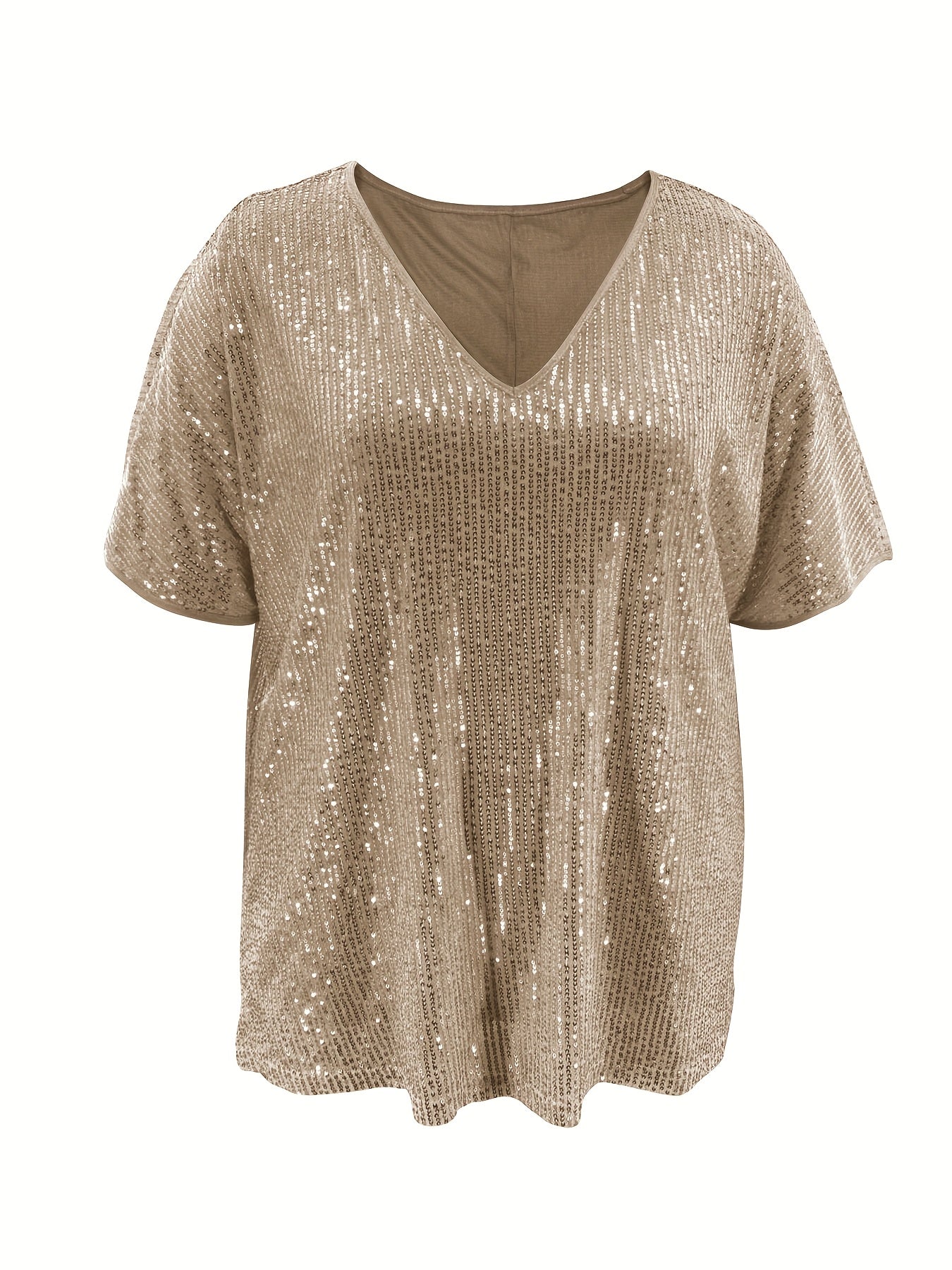 Women's Sequin V-Neck Top with Short Sleeves and Solid Color