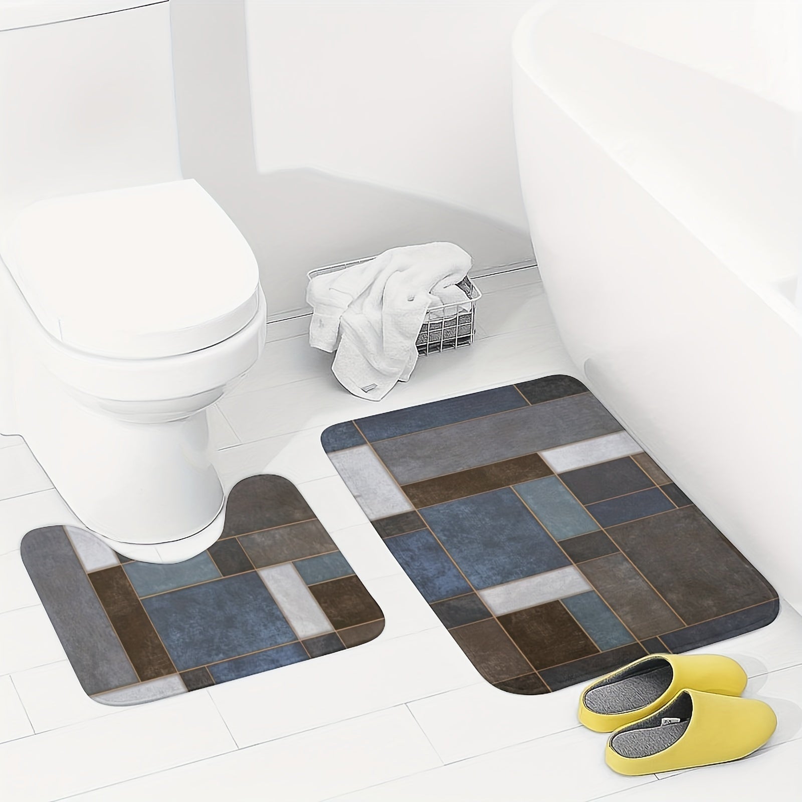 Set of 2 Microfiber Bathroom Rugs Non-Slip Absorbent Foam Bathtub and U-Shaped Mats