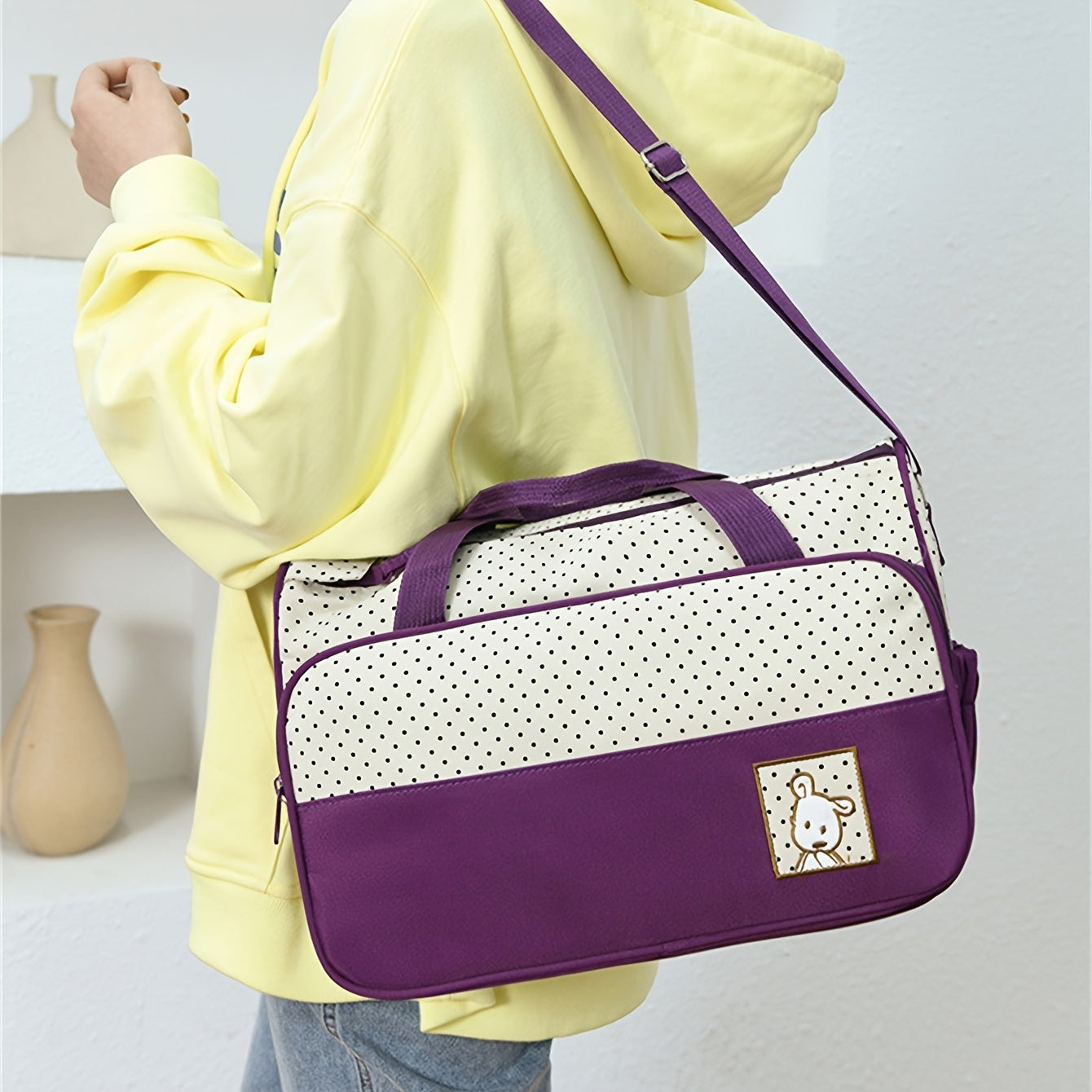 Juego de 5 bolsas de pañales multifuncionales con estampado de lunares, gran capacidad, bandolera y opciones portátiles