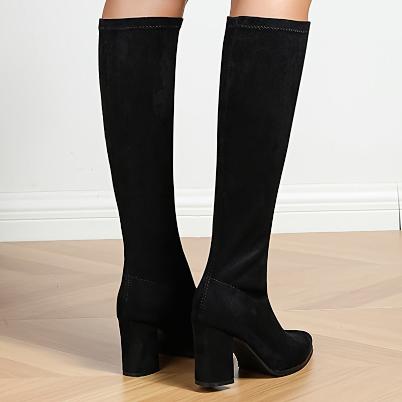 Women's Knee-High Boots Flannel Upper Pointed Toe Block Heel Fall Dress Shoes