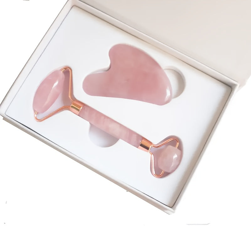 Набор инструментов для массажа лица: ролик с двумя головками и гуаша в форме сердца в розовом и белом