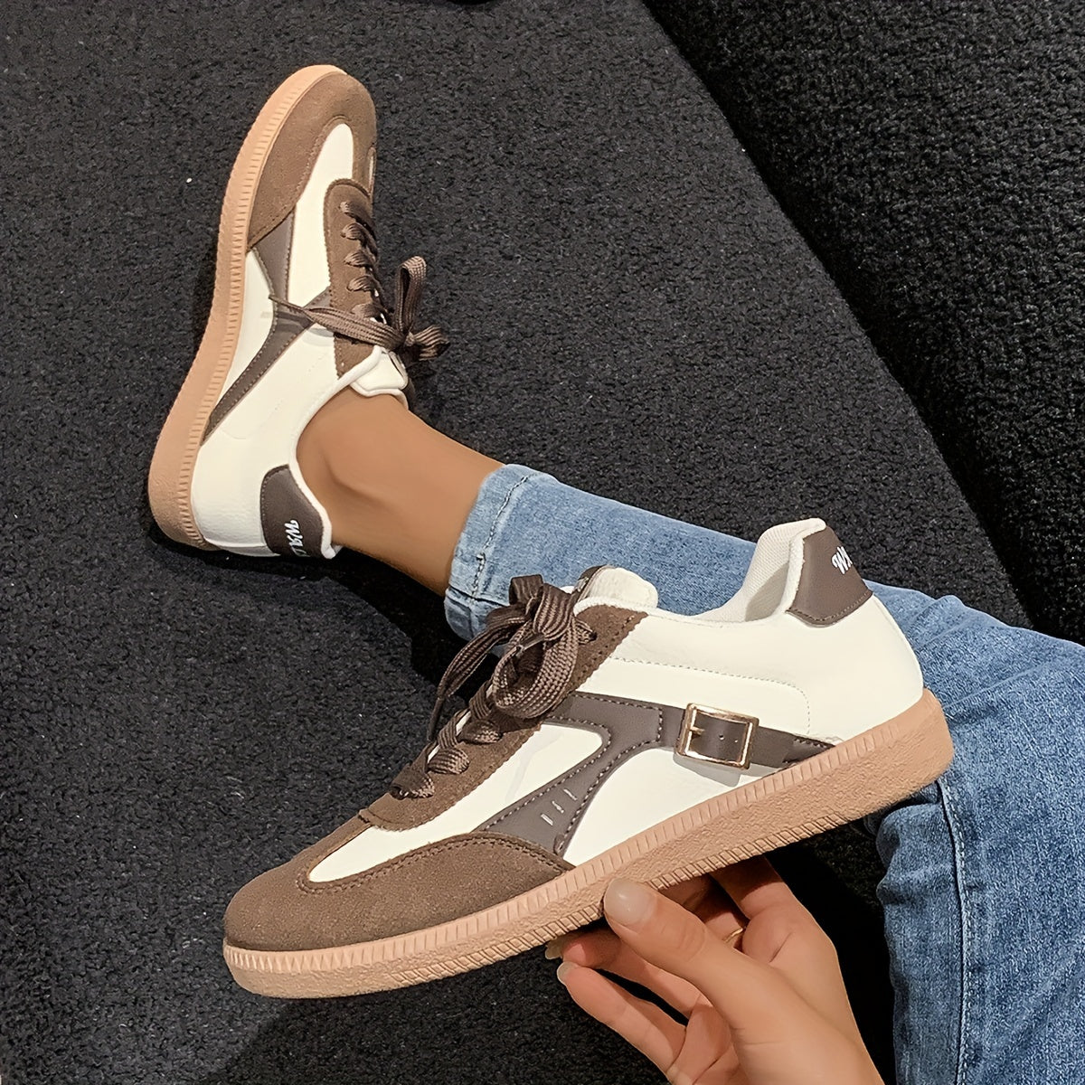 Women's Two-Tone Casual Mesh Sneakers with Strap Accents Low-Top Lace-Up Shoes