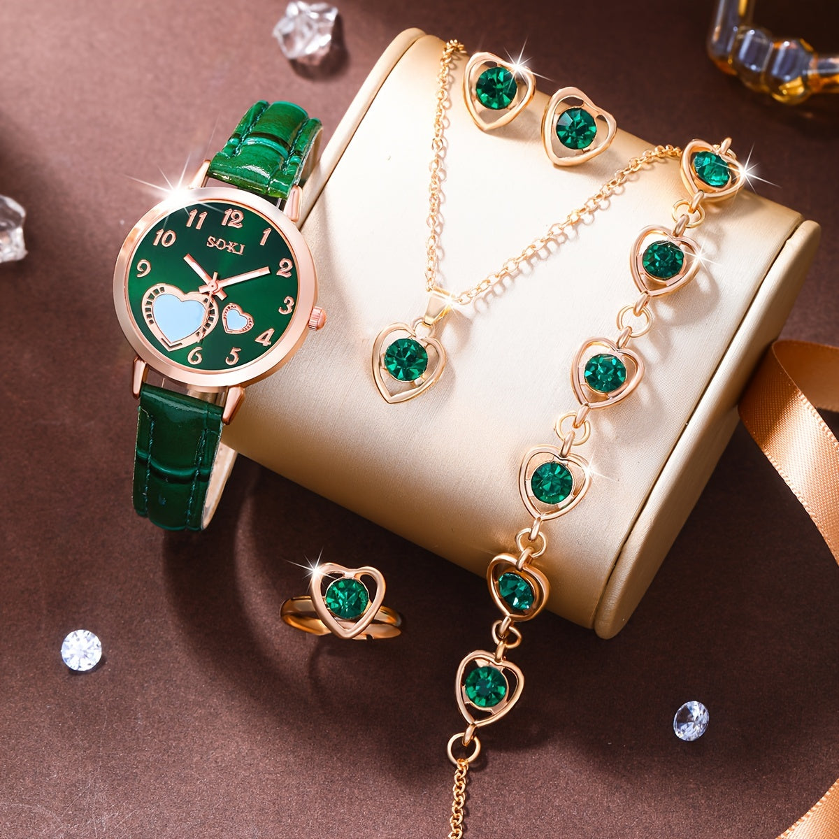 Ladies Watch Set with Peach Dial and Jewelry Gift for Women