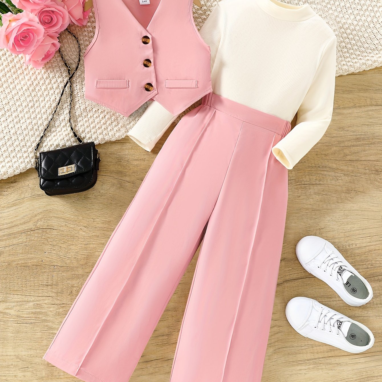 Girls' Casual Outfit Set Sleeveless Vest Long Sleeve Top Wide Leg Pants Spring Fall