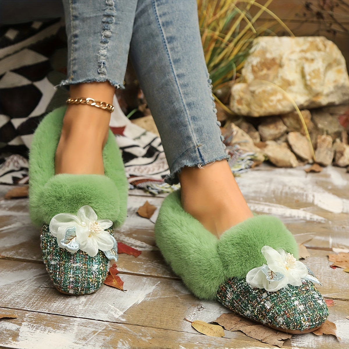 Women's Fleece-Lined Slip-On Flats with Bowknot Square Toe Indoor Outdoor Shoes