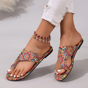 Women's Bohemian Geometric Print Slip-On Flat Summer Sandals with Breathable Fabric