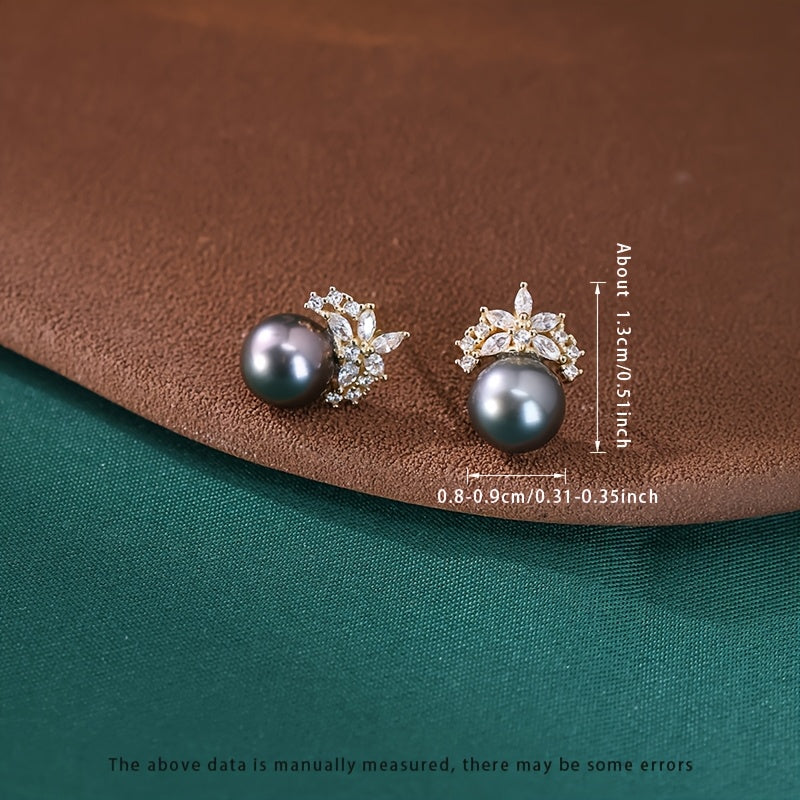 Sterling Silver Pearl Earrings 8-9mm Black Round Natural Deep Sea Jewelry for Women