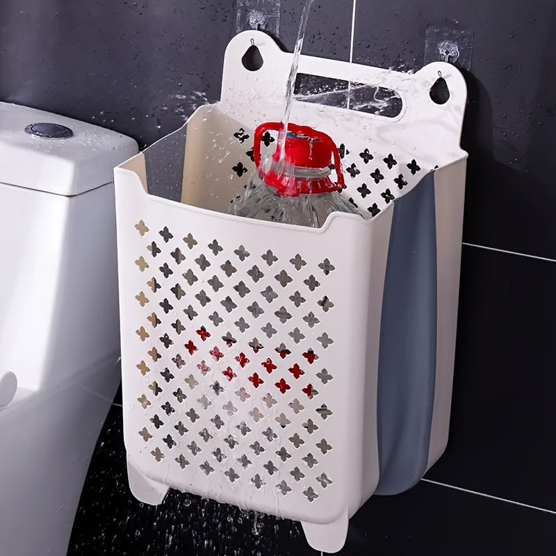 Moviy va oq devor ustiga o'rnatiladigan buklamali kir yuvish savati, yulduzcha kesimlari bilan, joyni tejovchi kiyimlar tashkilotchisi