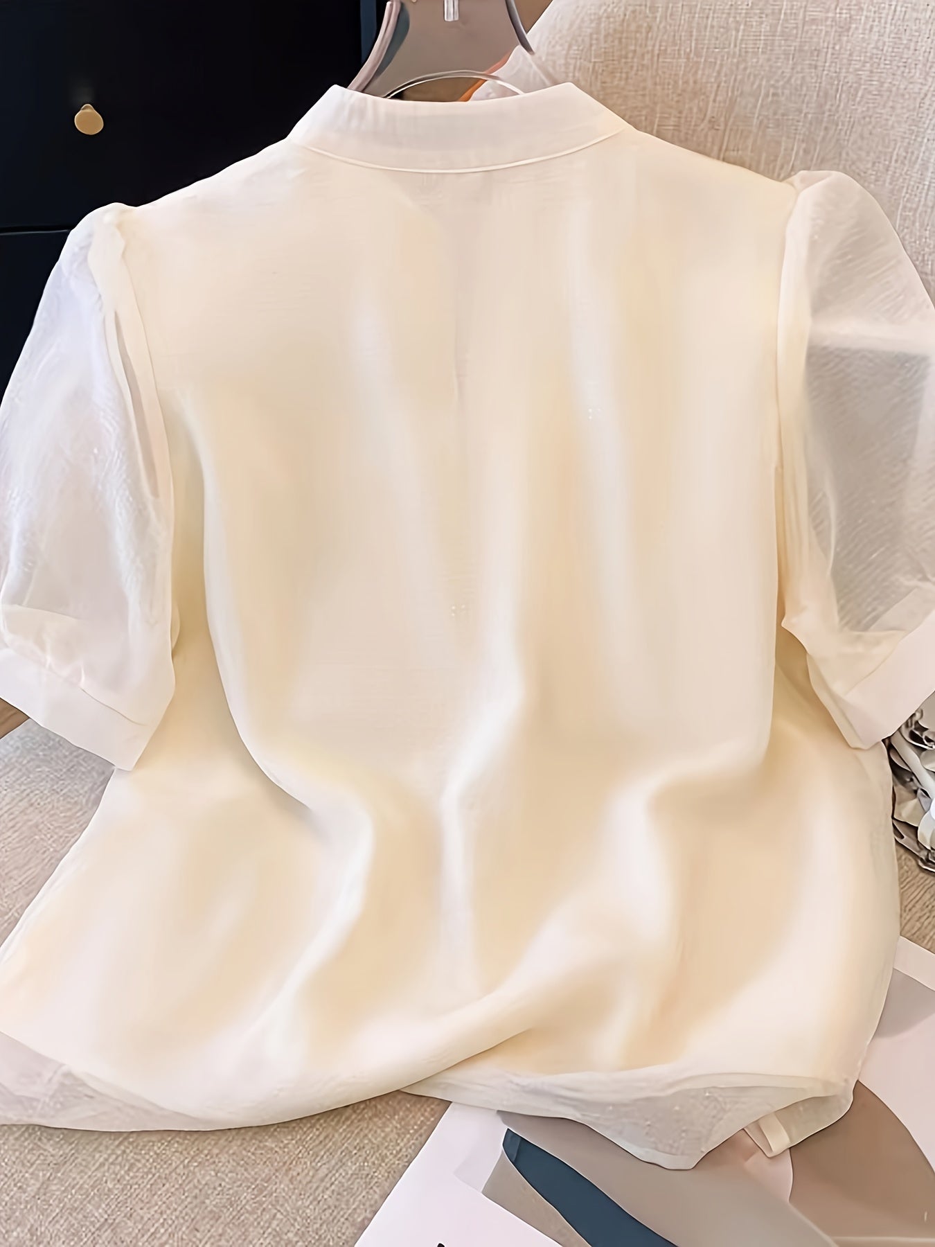 Women's Embroidered Short Sleeve Blouse with Mandarin Collar and Mesh Details