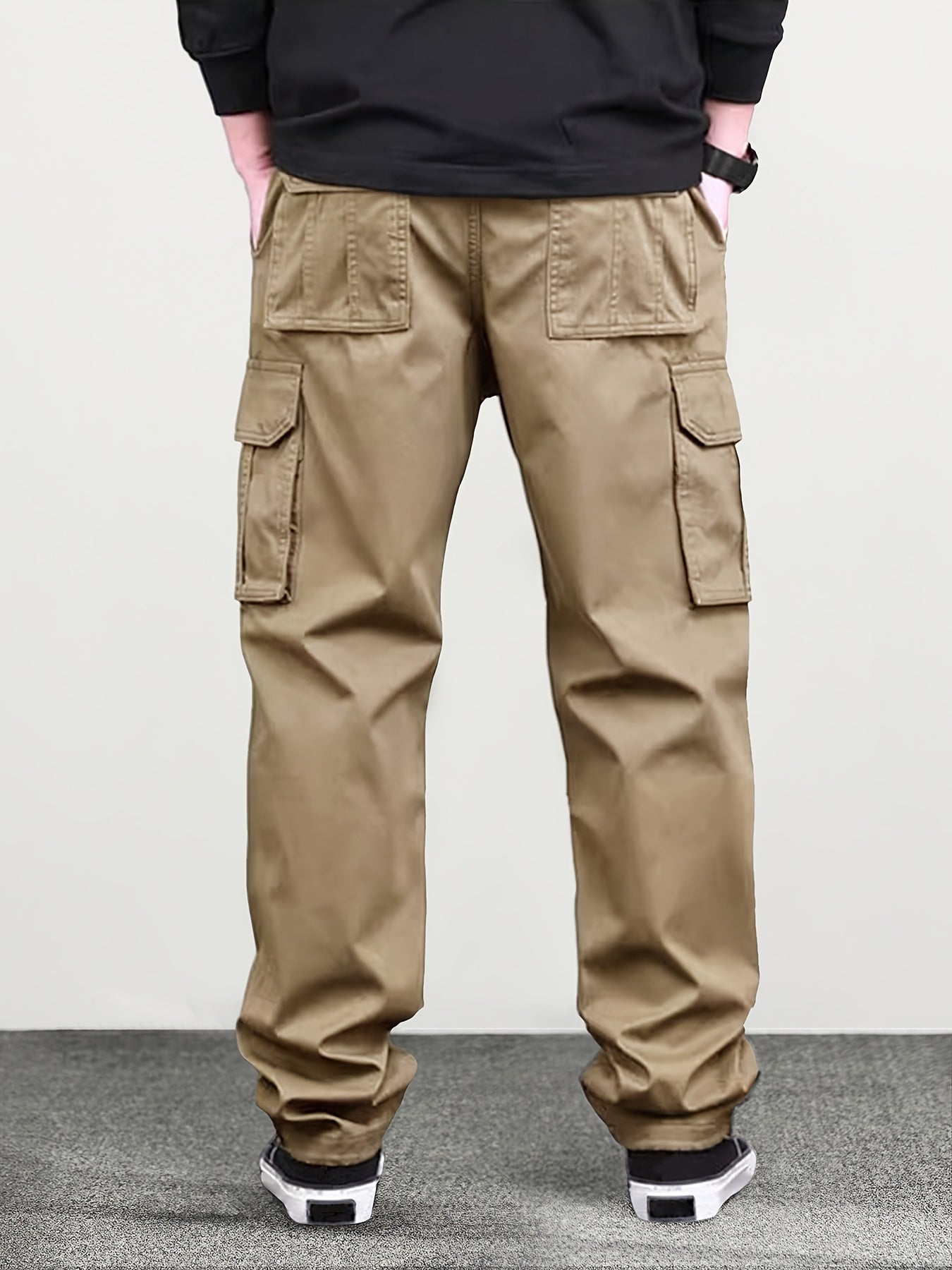 Men's Cargo Pants Polyester Solid Color Multi-Pocket Loose Fit Drawstring Waist for Outdoor Streetwear