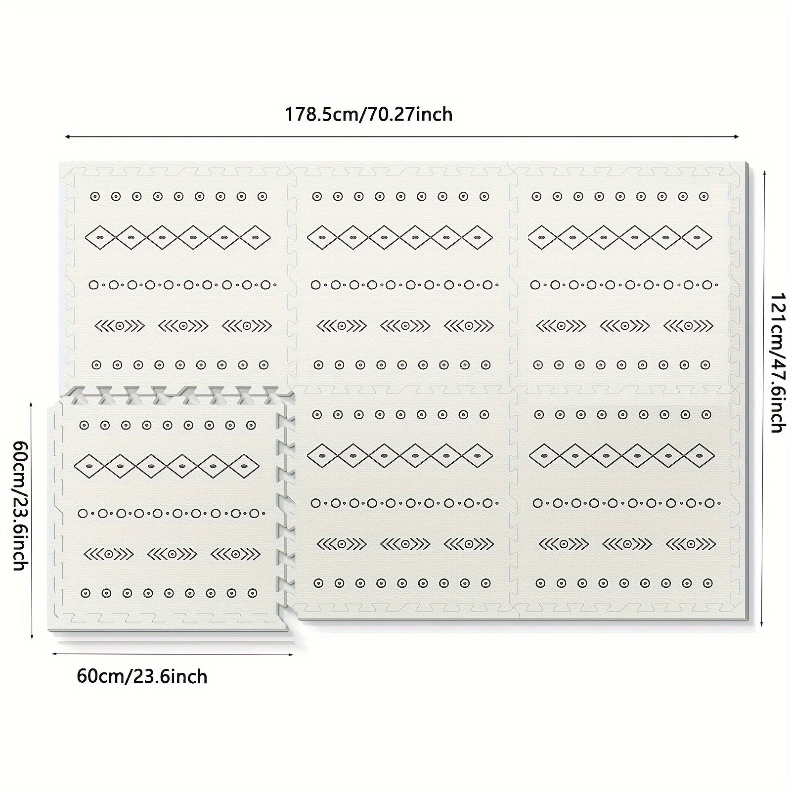 Набор из 6 ковриков для игр в богемском стиле: каждый коврик имеет размеры 60 см x 60 см и толщину 1,2 см. Коврики легко соединяются друг с другом и просты в очистке, что делает их идеальными как для игр в помещении, так и на улице.