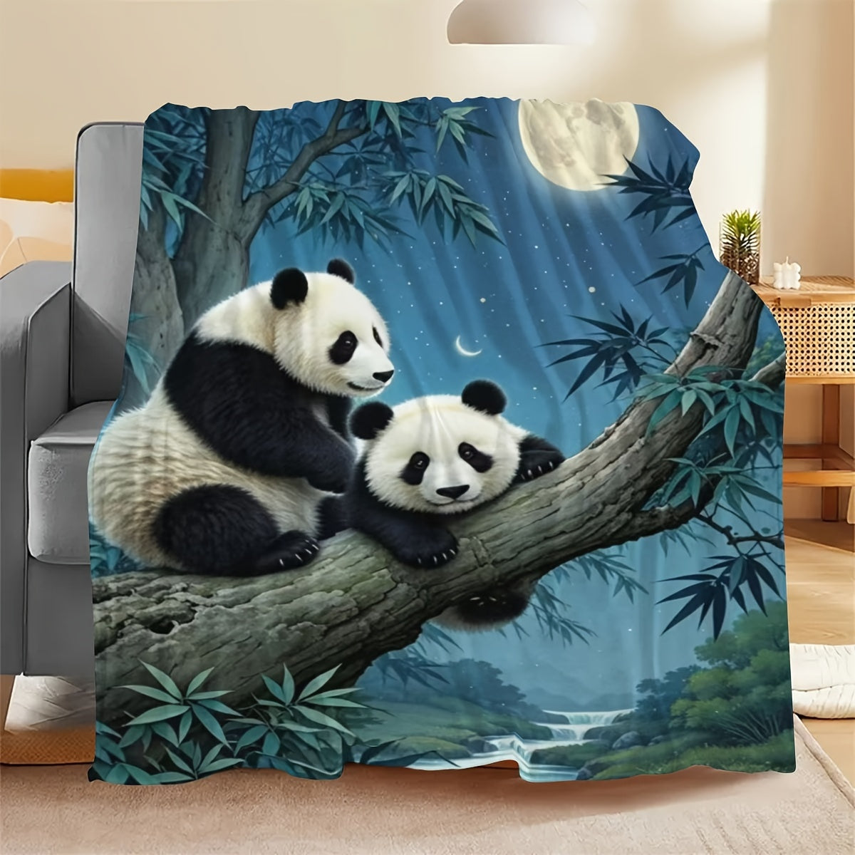 All-Season Flannel Throw Blanket with Panda Moonlight Scene Soft Cozy Polyester Gift for Bed Sofa Living Room