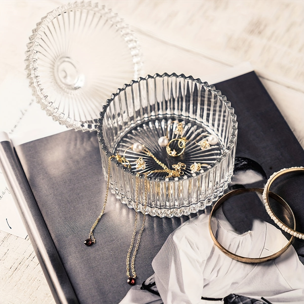 Decorative Glass Candy Server with Lid Jewelry Holder Candle Stand Tabletop Decor