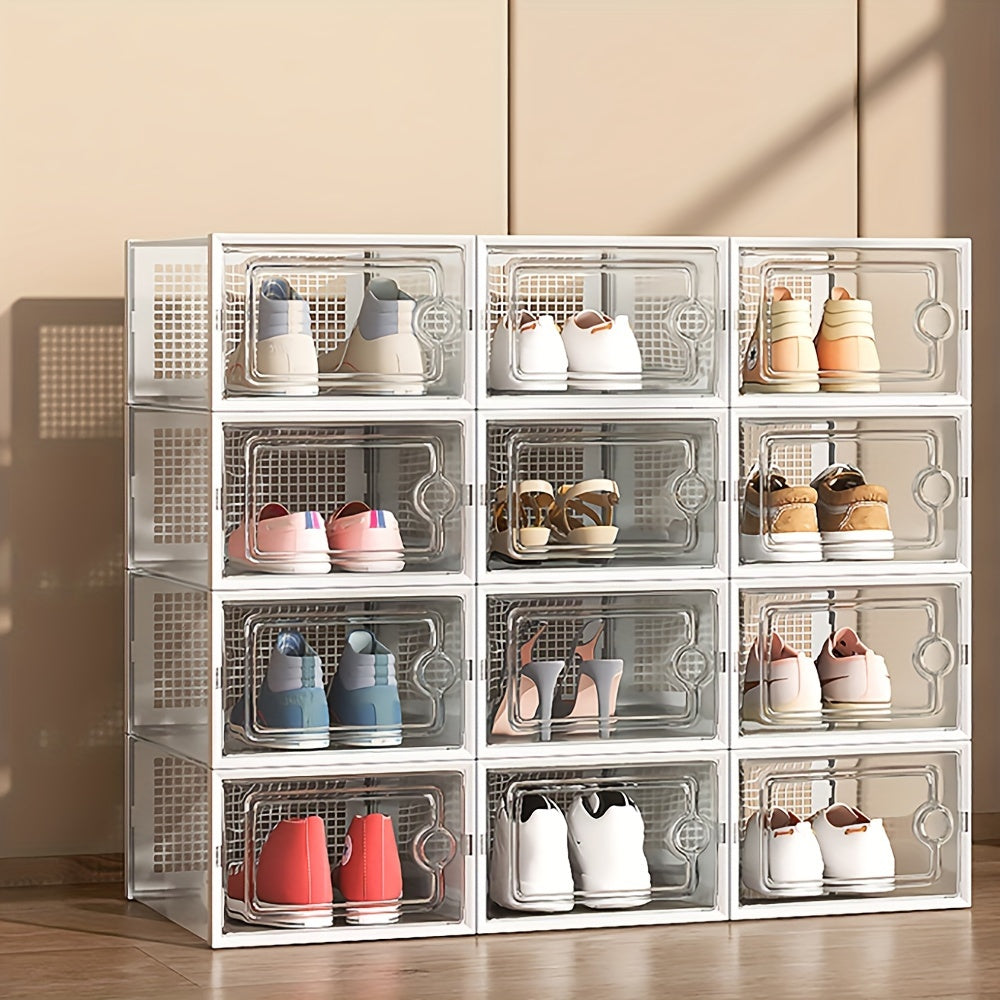 Set of 6 or 12 Clear Plastic Shoe Storage Boxes Dustproof Stackable Foldable