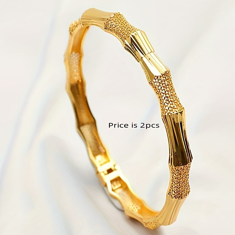 Jewelry Cuff Set with Copper Bamboo Design Yellow Finish for Women Set of 2