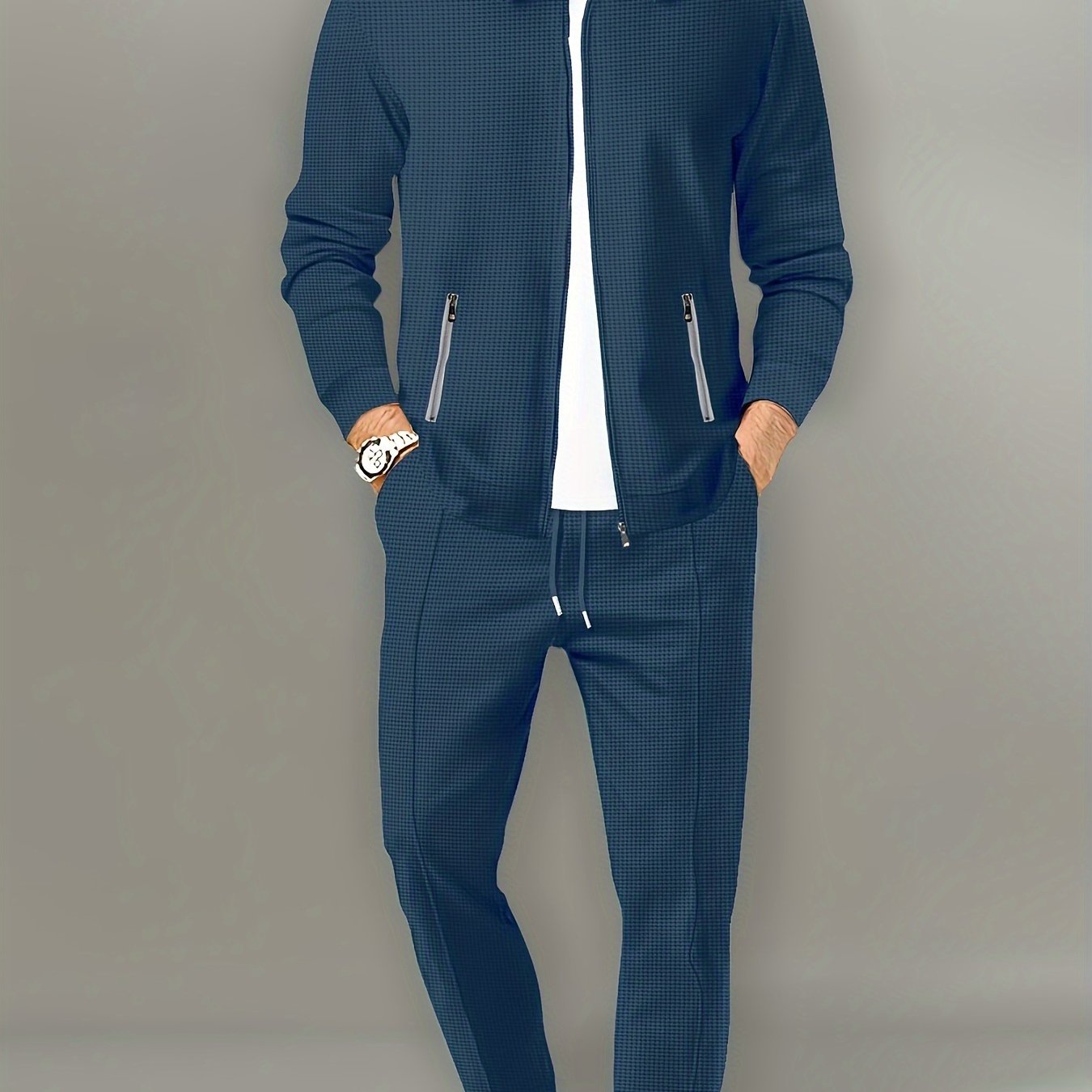 Conjunto casual de color sólido para hombre de 2 piezas con pantalones con cordón y chaqueta con cremallera