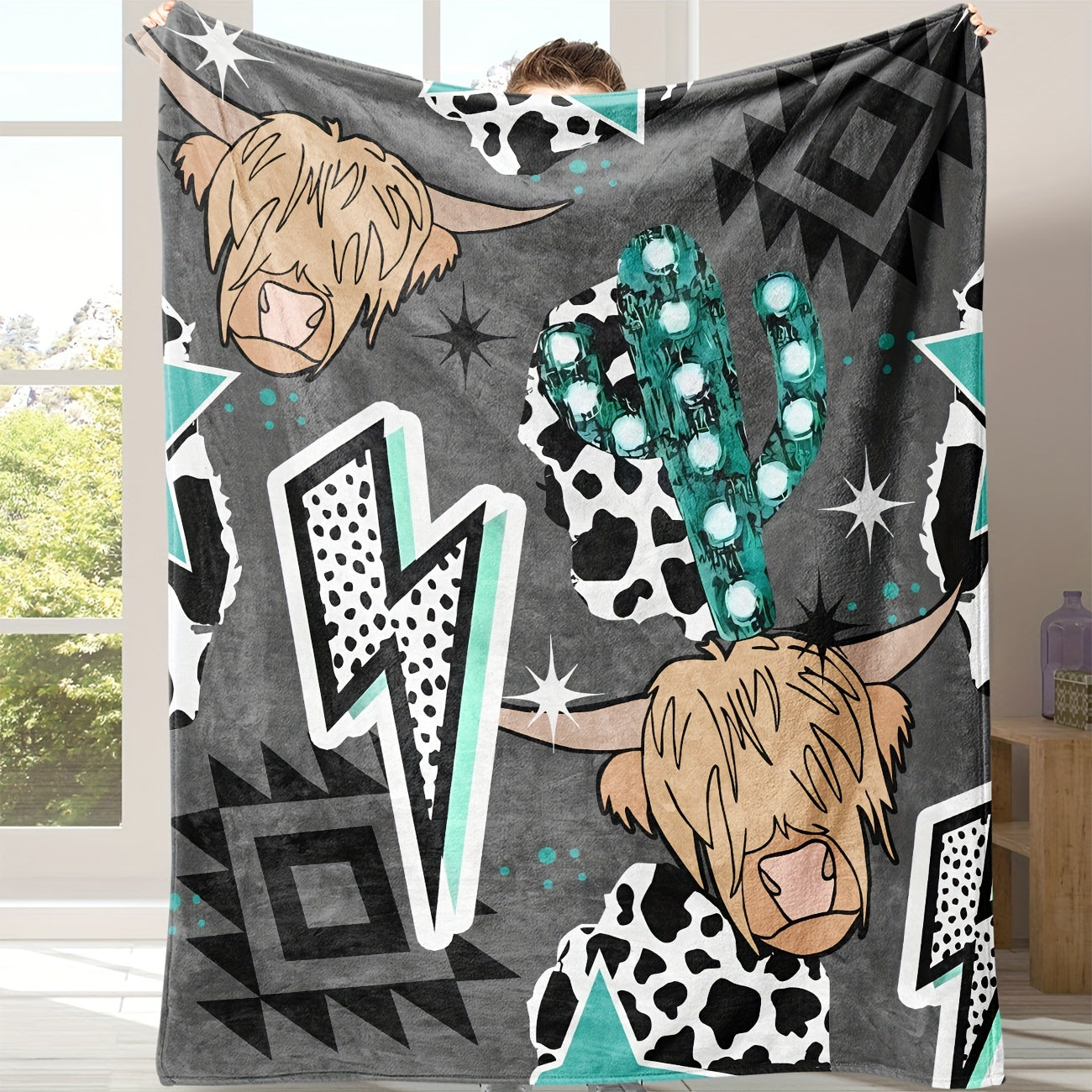 Soft Polyester Cow and Lightning Design Blanket for Couch Bed or Office Use in Vibrant Colors