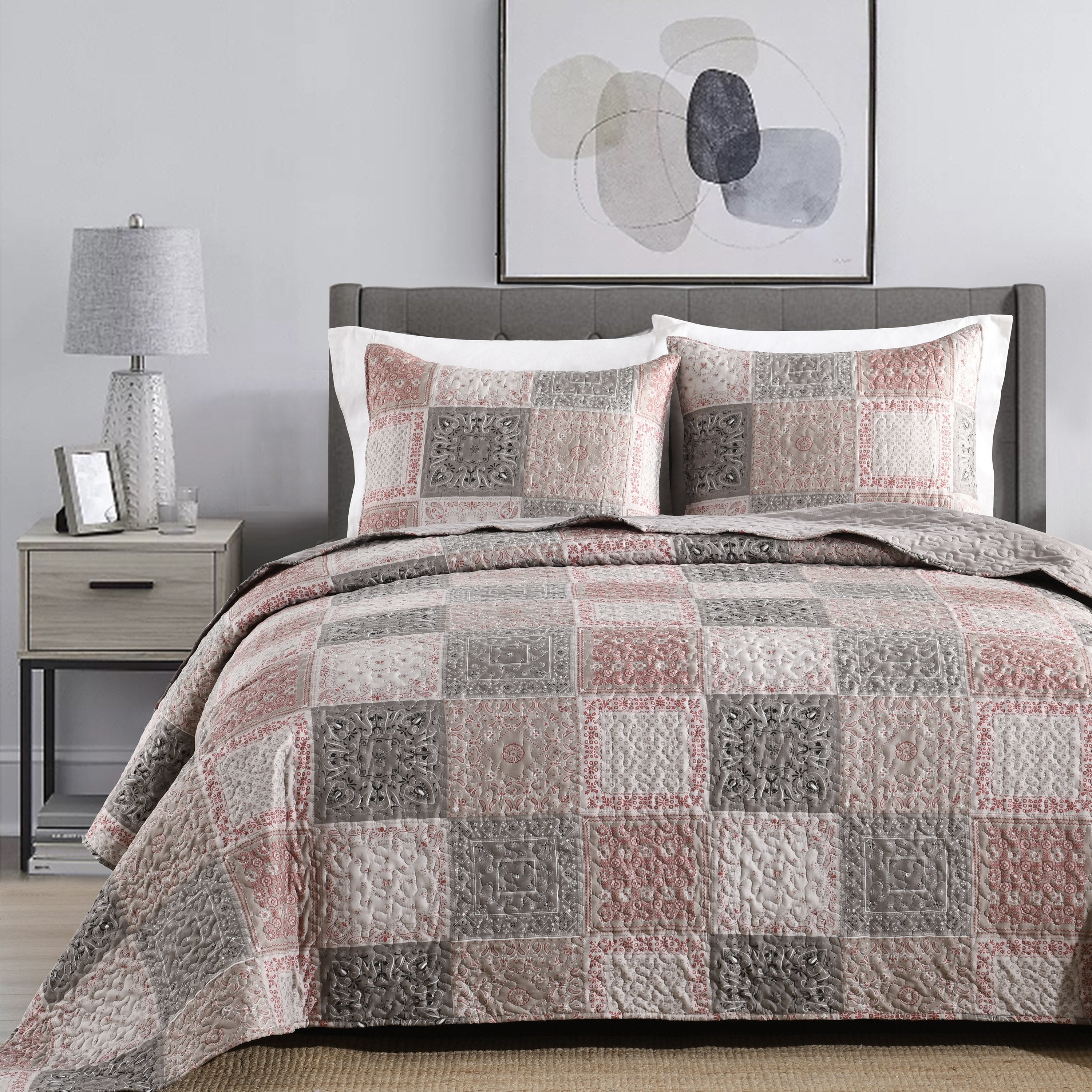 Floral Print 3-Piece Bedspread Set Reversible Polyester Double Bedspread with 2 Pillowcases