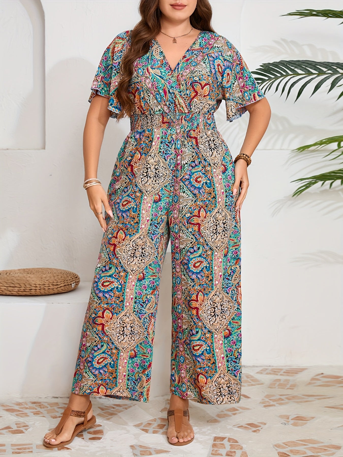 Plus Size Elegant V-Neck Cushion Woven Fabric Spring Summer Jumpsuit