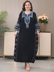 Embroidered Tribal Pattern Kaftan Dress Long Sleeve Loose Fit Woven Fabric