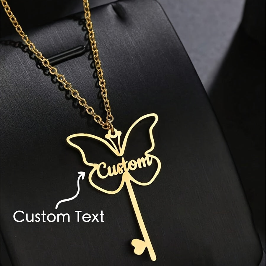 Gold Plated Butterfly Key Pendant Necklace Personalized Name Jewelry for Women