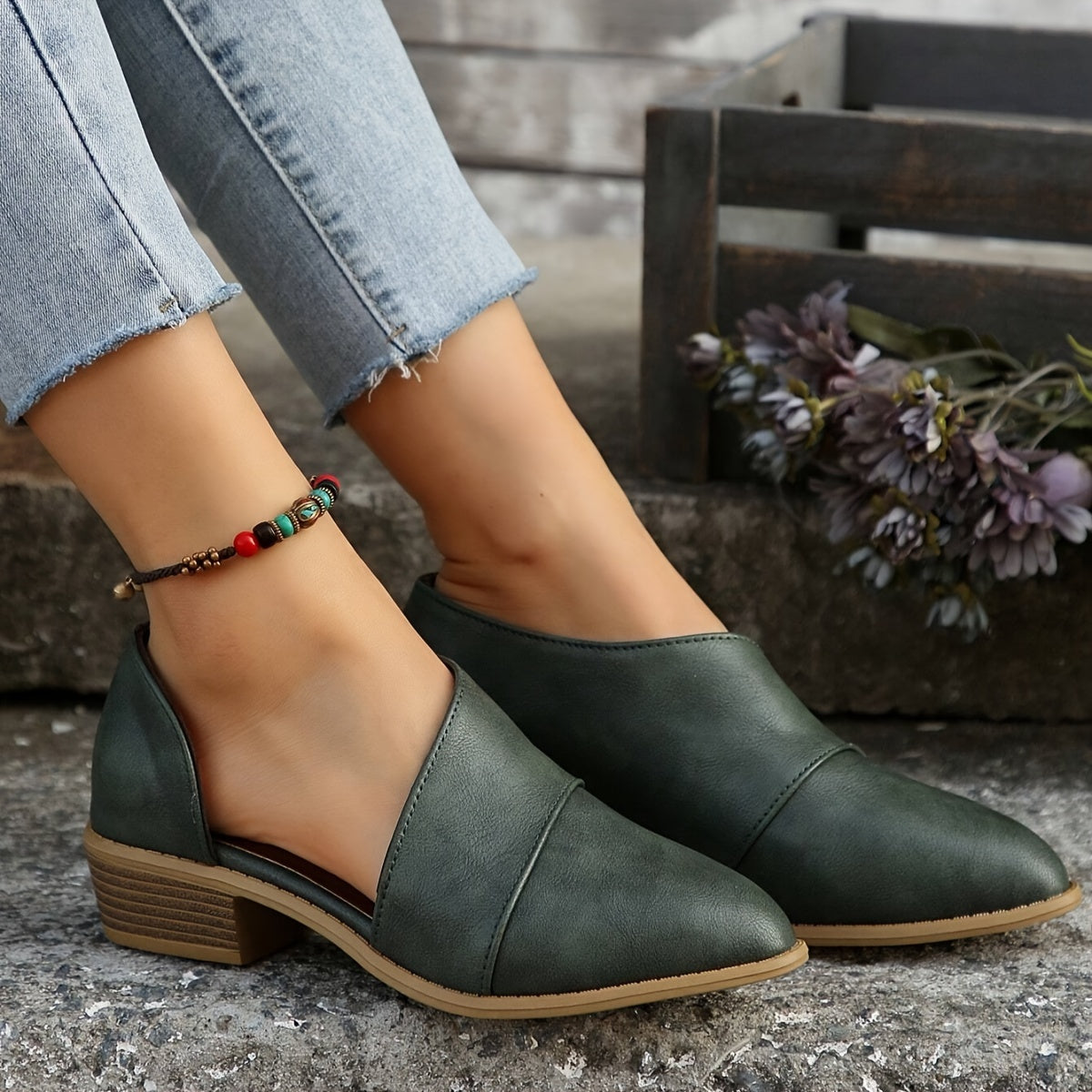 Women's Slip-On Pointed Toe Ankle Boots with Chunky Heel and Cut-Out Design