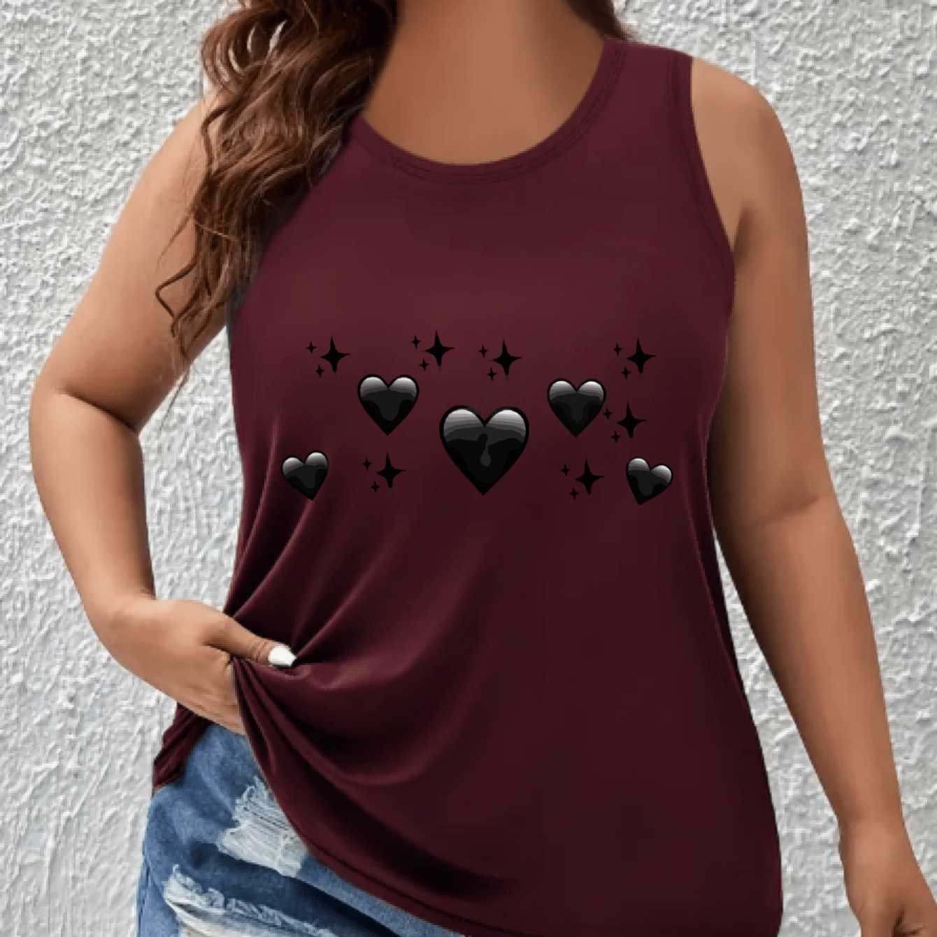Women's Off-Shoulder Vest Top Breathable Black Heart Star Print Sleeveless Shirt