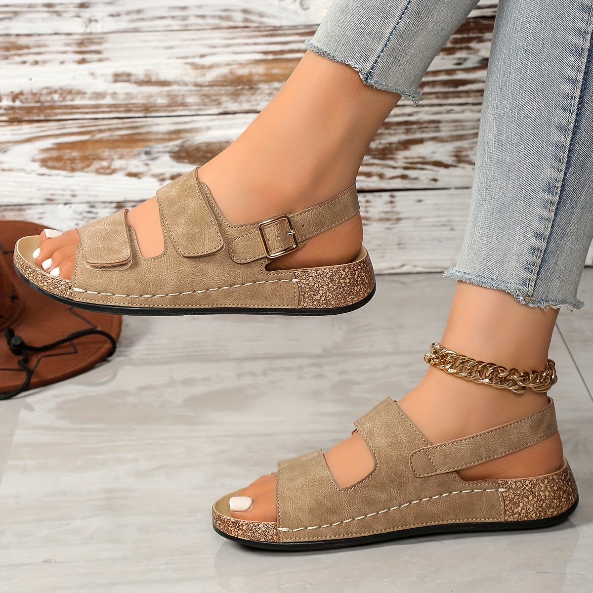 Women's Summer Sandals Open Toe Cushioned Dark Blue Cork Strappy